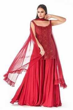 Shop for Shruti S Star Net Embroidered Kurta Sharara Set for Women Online at Aza Fashions Red Sharara Suit, Net Kurti, Red Sharara, Ladies Sangeet, Embroidered Sharara, Sharara Pants, Kurta Sharara Set, Red Kurta, Kurta Sharara