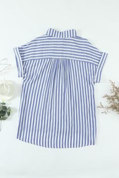 Blue Short Sleeve Buttoned Striped Print Blouse Blue Collared Blouse For Vacation, Blue Collared Blouse For The Beach, Blue Short Sleeve Blouse For Daywear, Lounge Dress, Summer Style Casual, Loose Blouse, Shirt Short Sleeve, Print Blouse, Blue Blouse