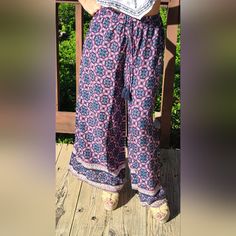 Elastic Waistband. Lightweight. Boho Print With Contrast Border. Soft And Cozy! Boho Mod Paisley Print Style. Casual Pink Bottoms For Festival, Casual Pink Pants For Festival, Casual Purple Pants For Festival, Casual Purple Bottoms For Festival, Cozy Boho, Avenue Design, Floral Print Jumpsuit, Wide Leg Cropped Pants, Blue Jumpsuits