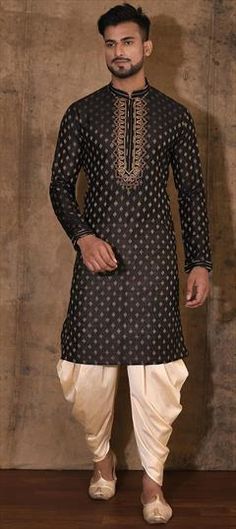 Black and Grey color Dhoti Kurta in Poly cotton fabric with Embroidered, Sequence, Thread work Festive Black Cotton Sets, Unstitched Black Traditional Wear With Motifs, Black Traditional Wear With Traditional Patterns For Transitional Season, Traditional Black Cotton Set, Black Embroidered Traditional Drape Wear, Fitted Black Sets With Traditional Patterns, Black Traditional Wear With Chikankari Embroidery For Diwali, Black Traditional Wear With Chikankari Embroidery For Festivals, Black Traditional Wear With Motifs For Festive Season