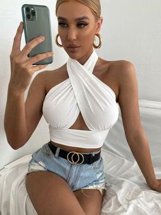 Size:6, 8, 10, 12, Color:Black, White, Khaki, Brown, Camel,Halterneck Tie-Knot Slinky Crop Top Halterneck Cross Front Slinky Tie-Knot Detail Crop Top 95% Polyester, 5% Elastane Made In UK Halter Neck Crop Top, Womens Halter Tops, Solid Tank Tops, Backless Crop Top, Jumpsuit Outfit, Workout Crop Top, Cropped Vest, Halter Tops, Halter Neck Top