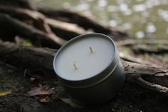 a white candle sitting on top of a tree branch