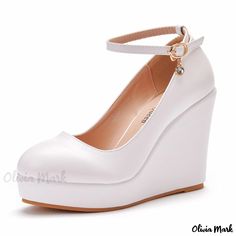 Olivia Mark - Waterproof Platform High Heels with Round Toe and Single Strap: White and Black Wedge Heel Shoes Wedding Pumps, Club Office, Platform Wedge Heels, Wedges Style, Super High Heels, Pu Heels, Buckled Heels, Black Wedge, Shoes Heels Wedges