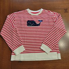 Vineyard Vines Girls Large 14 Striped Sweatshirt With Sequin Whale Brand New With Tags. Would Fit 10/12 Too See Measurements. Adorable And Lightweight Perfext For Spring And Simmer. Beach Vibes! Sequins Can Be Red Or Blue Depending On Which Way They Are Brushed. Playful Red Cotton Sweatshirt, Playful School Top For Fall, Red Long Sleeve Sweatshirt For School, Playful Red Tops For School, Playful Striped Long Sleeve Top, Striped Long Sleeve Playful Top, Red Crew Neck Top For School, Red Fall Tops For School, Cute Red Long Sleeve Tops