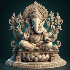 an elephant statue sitting on top of a white base with intricate carvings around it's body