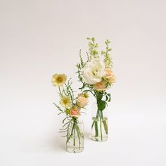 three vases with flowers in them on a white background