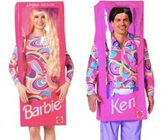 two people in costumes that look like barbie and ken are standing next to each other