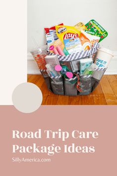 the road trip care package is packed with snacks and candy