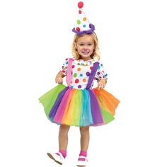 This Halloween, dress your toddler in this adorable clown costume. She will be ready for big top fun in her cute rainbow tutu skirt and oversize party hat! This costume is perfect for Halloween, themed family photos, birthday parties and more1 No matter where you go, everyone will love her costume! Size: 4-6. Gender: female. Age Group: adult. Toddler Clown Costume, Girl Clown Costume, Clown Dress, Toddler Costumes Girl, Circus Outfits, Baby Kostüm, Rainbow Tutu, Circus Clown, Toddler Halloween Costumes