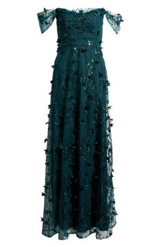 a dress that is green and has flowers on the front, with an off - shoulder design