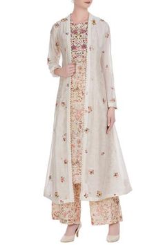 Shop for Petticoat Lane by Divya Beige Floral Embroidered Jacket With Inner Kurta And Pants for Women Online at Aza Fashions Jacket Style Kurti Long With Pant, Kurti Designs Latest Cotton Printed, Kurta Pants For Women, Jacket Kurti, Jacket Style Kurti, Saree Reuse, Kurti With Jacket, Simple Kurtis, Coat Dresses