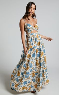 Amalie The Label - Emerita Linen Blend Sweetheart Twist Front Tie Back Midi Dress in Valencia Floral | Showpo USA Rose Maxi Dress, Halter Style Dress, Open Back Maxi Dress, Balloon Sleeve Dress, Floral Robes, Sequin Maxi Dress, Backless Maxi Dresses, Heart Dress, Style Maxi Dress