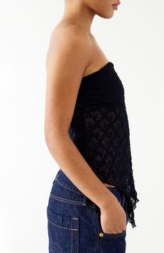 Designed in a sweet strapless silhouette, this lovely lacy top features a flowy asymmetric hem. 11" to 24" center front length (size Medium) Exclusive retailer Strapless 64% polyester, 35% recycled polyester, 1% elastane Machine wash, line dry Made in Turkey Lace Y2k, Lacy Tops, Bdg Urban Outfitters, Beauty Sale, Fragrance Design, Bandeau Top, Sam Edelman Shoes, Black Fits, Bold Fashion