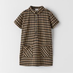 New With Tags Casual Brown Shirt Dress For Summer, Casual Short Sleeve Shirt Dress By Zara, Brown Cotton Shirt Dress For Summer, Casual Brown Collared Dress, Casual Brown Cotton Shirt Dress, Casual Plaid Short Sleeve Shirt Dress, Casual Plaid Shirt Dress With Short Sleeves, Zara Collared Cotton Dresses, Zara Cotton Collared Dress