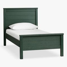 a green bed frame with white pillows on the top and bottom side, against a white background