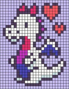 a cross stitch pattern with an image of a cartoon character in purple and pink colors