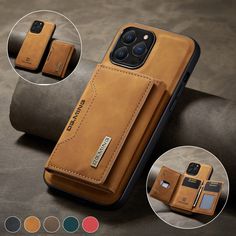 an iphone case with two card slots and a wallet on the back in tan leather