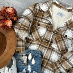 Stay warm and stylish with our Sherpa Plaid Jacket! This oversized jacket offers maximum comfort and coverage, perfect for those chilly days. Cozy Fall Outerwear With Button Closure, Winter Button-up Outdoor Outerwear, Winter Beige Button-up Shacket, Cozy Outerwear With Buttons For Cold Weather, Beige Winter Shacket With Pockets, Beige Winter Outerwear With Snap Buttons, Fall Shacket For Cold Weather With Button Closure, Button-up Outerwear For Cold Weather In Fall, Fall Shacket With Button Closure For Cold Weather