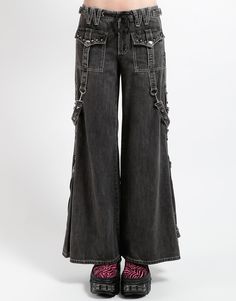 TRIPP NYC - STUDDED POWER PANT BLACK DENIM Rock Style Bottoms With Pockets For Alternative Fashion, Casual Wide Leg Pants For Concert, Casual Wide Leg Bottoms For Concert, Edgy Flare Jeans For Fall, Edgy Spring Flare Jeans, Edgy Dark Wash Wide Leg Cargo Jeans, High Waist Rock Style Bottoms For Streetwear, Punk Wide Leg Jeans For Spring, Edgy Bottoms With Five Pockets For Fall