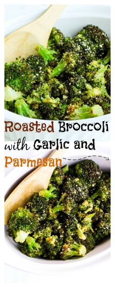 roasted broccoli with garlic and parmesan in a white bowl