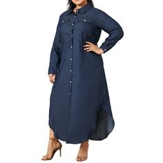 Please Not Only Reference the Size Guide Provided by Walmart But Also Have to Reference Ours,Which Shows in the Product Detail Pictures Material: 65% Polyester + 35% Cotton Type: Dress Color: Dark Blue Package include: 1 Dress Product Detail: -Full Sleeve -Turn-Down-Collar -Casual Loose -Simple And Comfortable -Perfect For All Kinds Of Occasions -Ankle Length -Front Pockets -Button Front Size: L.  Gender: female.  Age Group: adult. Style Anglais, Dress Kaftan, Long Blue Dress, Maxi Shirts, Denim Maxi, England Fashion, Maxi Shirt Dress, Womens Long Sleeve Shirts, Long Sleeve Shirt Dress