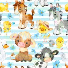 watercolor farm animals on white background with blue flowers and daisies in the foreground