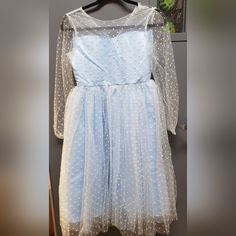 Abaowedding Girls Dress For A Flower Girl Or A 1st Communion, Or Easter, Etc. Light Blue With White Tulle That Has White Polka Dots Over Top Of The Blue. Size Says For 12-13 Year Olds. Has 4 Layers Of Tulle Then 3 Layers Of The Blue Material. Brand New In Package, No Tags Elegant Blue First Communion Dress, Elegant Blue Dress For First Communion, Blue Princess Dress For First Communion, Light Blue Fitted Princess Dress For Wedding, Light Blue Princess Style Wedding Dress, Princess Style Spring First Communion Dress, Spring Princess First Communion Dress, Princess Style Fitted Bridesmaid Dress For First Communion, Elegant Light Blue Princess Dress For Wedding