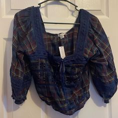 Plaid Crop Top Blouse . Never Worn! Blue Cotton Blouse For Fall, Blue Short Sleeve Blouse For Fall, Blue Fall Tops For Day Out, Blue Tops For Fall Day Out, Blue Bohemian Cropped Top, Blue Blouse For Day Out In Fall, Plaid Cropped Top For Day Out, Plaid Crop Top, Crop Top Blouse