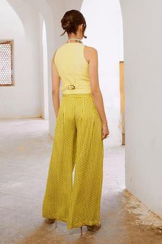 Lemon green ombre koti with mirror and sequin embellishments. Comes with reverse matchstix print flared pant. - Aza Fashions Chic Festive Pants For Summer, Marigold Yellow, Printed Flare Pants, Yellow Ombre, Green Ombre, Flare Pants, Jaipur, Silk Printing, Aza Fashion