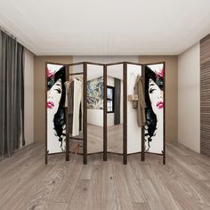 an open room divider with a woman's face on it