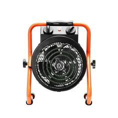 an orange and black portable fan on wheels