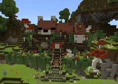 an image of a minecraft village in the middle of some trees and bushes,