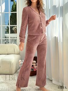 Ebeek - Womens Plus Size Three-Piece Casual Lounge Set: Solid Long Sleeve Button-Up Flannel Coat, Tank Top, and Split Pants Pajamas Casual Sleepwear Sets With Buttons, Casual Sleep Sets With Buttons, Long Sleeve Loungewear Sets With Button Closure, Casual Loungewear Sets With Button Closure, Casual Long Sleeve Jumpsuits And Rompers For Pajama Party, Casual Long Sleeve Jumpsuits For Pajama Party, Long Sleeve Pajama Set With Buttons, Long Sleeve Pajama Party Set With Buttons, Fall Loungewear Sets With Button-up