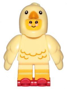 a yellow and red lego bird with black eyes