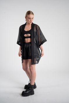 This is the perfect outfit for your next rave. Designed and produced in Berlin, made to order. One size Fitted Summer Party Outerwear, Spring Black Sheer Outerwear, Polyamide Tops For Night Out In Summer, Summer Polyamide Tops For Night Out, Black Summer Outerwear For Night Out, Casual Summer Outerwear For Night Out, Trendy Fitted Summer Outerwear, Summer Beach Stretch Outerwear, Black Open Front Tops For Summer