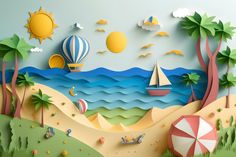 an image of a beach scene with hot air balloons and sailboats on the water