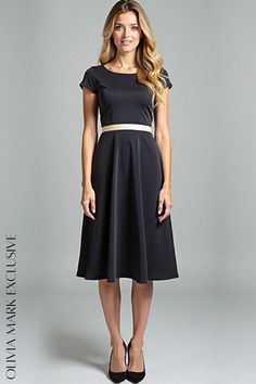 Olivia Mark - Elegant Black Midi Dress with Beige Waistband - Sophisticated and Timeless Elegant Black Dress With Fitted Waist, Black Dress With Fitted Waist For Formal Occasions, Black Dresses With Fitted Waist For Formal Occasions, Black Formal Dress With Fitted Waist, Black Formal Dresses With Fitted Waist, Black Dress With Fitted Waist For Evening, Black Dress Elegant, Luxurious Fabric, Black Midi