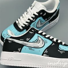 Add style and flair to your Shoebox with these one-of-a-kind, hand painted black and blue cartoon custom Air Force 1s. Stand out from the crowd and make a statement! - Hand-painted with Angelus Leather Paints- Worldwide shipment. - All customs are waterproof scratch resistant.- ALL PICTURES ARE SELFMADE*In no way affiliated with the brands used*