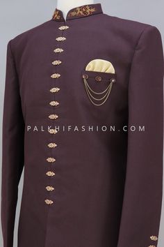 Get the best wedding look with this wine silk indo-western for an ethnic look. Paired with elegant buttons designs and stonework. Detailed with a stand collar, and full placket, and hook and button opening. Comes with contrast beige color pants. Color Pants, Ethnic Looks, Wedding Look, Colored Pants, Indo Western, A Stand, Button Design, Wedding Looks, Beige Color