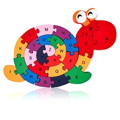 a colorful puzzle with letters and numbers in the shape of a snail on a white background