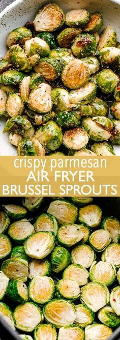 crispy parmesan air fryer brussel sprouts in a pan