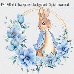 a watercolor painting of a rabbit with blue flowers in front of it and the words png 300 dpi transparent background digital