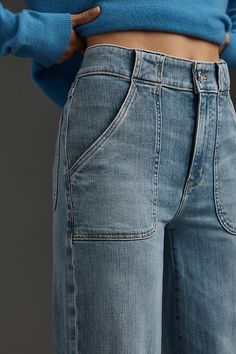 Denim, decoded: This fall, we’re digging denim in every corner of our closet – like the FRAME Modern Pocket Jeans, featuring utility-inspired pockets, a high-rise, and a floor-length wide-leg. | Modern Pocket High-Rise Wide-Leg Jeans by FRAME in Blue, Women's, Size: 26, Polyester/Cotton/Elastane at Anthropologie Mid-rise Cargo Jeans With Patch Pockets For Everyday, Everyday Mid-rise Cargo Jeans With Patch Pockets, High-rise Cargo Jeans With Pockets For Everyday, Everyday Cargo Jeans With Cropped Leg, Utility Flare Jeans With Patch Pockets For Fall, High Rise Utility Cargo Jeans For Everyday, High Rise Cargo Jeans With Pockets For Everyday, Everyday Jeans With Side Pockets And Cropped Leg, High Rise Utility Flare Jeans For Fall