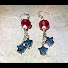 Brand New One Of A Kind Quality Hand Crafted Patriotic 4th Of July Excellent Gift For Yourself (Or Someone Else ;)) Patriotic Adjustable Dangle Jewelry, Nickel Free Dangle Jewelry For 4th Of July, Patriotic Dangle Jewelry For Gifts, Patriotic Red Star-shaped Earrings, Red Dangle Jewelry For 4th Of July, Nickel-free Red Star Earrings, Red Star-shaped Beaded Jewelry, Patriotic Red Star Earrings, Red Star-shaped Nickel-free Earrings