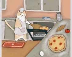 an image of a cat in the kitchen cooking pizzas on the stove top oven