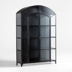 a tall black cabinet with glass doors on the top and bottom shelves, in front of a white background