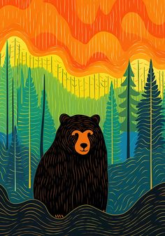 Colorful illustrated poster featuring a bear in a vivid wilderness setting with orange skies, green hills, and pine trees. Nature Design Drawing, Fall Animal Illustrations, Bear Color Palette, Easy Bear Painting, Bear Painting Ideas, Bear Illustration Design, Fall Art For Kids, Nature Art Projects, Illustrative Poster