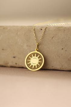 Gold Sun Pendant - Sunshine Gold Necklace ● Material of pendant: Solid Gold 14k ( REAL GOLD ) ● Metal Stamp: 14k ( REAL GOLD ) ● The pendant is available in 5 sizes: - 12,7 mm / 0.5 inches (Diameter) - 14,0 mm / 0,55 inches ( Diameter ) In the photos - 15,3 mm / 0.6 inches ( Diameter ) - 16,5 mm / 0,65 inches ( Diameter ) - 19,1 mm / 0,75 inches ( Diameter ) ( In the photos the size is 14mm / 0.55 inches Diameter ) ( Jump Ring inner diameter: 4 mm ) ● Material of chain: Solid gold 14k ( REAL GOL Round Yellow Gold Charm Necklace Gift For Her, Yellow Gold Round Charm Necklace Gift For Her, 14k Gold Round Pendant With Hallmark, Yellow Gold Hallmark Jewelry As A Gift For Her, Dainty Yellow Gold Charm Necklace With Hallmark, Dainty Round Necklace With Hallmark, Yellow Gold Round Necklace With Hallmark, 14k Gold Round Necklace With Hallmark, Hallmarked Yellow Gold Charm Necklaces Gift