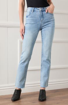 Frayed raw hems, fading and whiskering give these stretch-kissed jeans a well-loved vibe that will make them an instant favorite. 30" inseam; 15 3/4" leg opening; 11 3/8" front rise; 15" back rise (size 8) 93% cotton, 5% polyester, 2% spandex Machine wash, tumble dry Imported Dark Wash Straight Leg Jeans With Frayed Hem, Mid-rise Jeans With Frayed Hem In Medium Wash, Medium Wash Straight Leg Cropped Jeans With Frayed Hem, Stretch Light Wash Jeans With Frayed Hem, Mid-rise Cropped Jeans With Frayed Hem In Medium Wash, Medium Wash Straight Leg Jeans With Frayed Hem, Straight Leg Medium Wash Jeans With Frayed Hem, Mid-rise Cropped Jeans With Frayed Hem, Mid-rise Light Wash Cropped Jeans