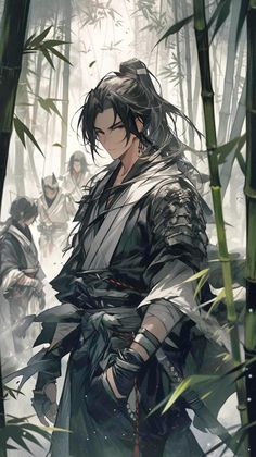 an anime character standing in the middle of bamboo trees with other characters behind him and holding swords